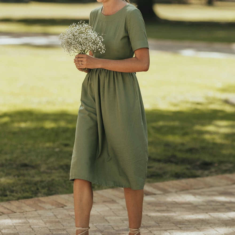 Green Crew Neck Midi Sundress for Wedding Guests, open back and 100%linen